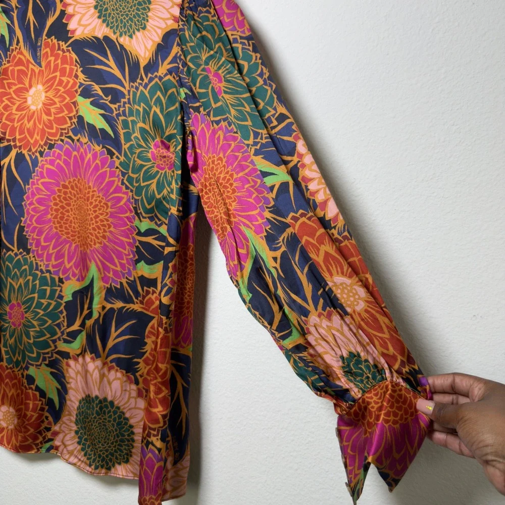 Farm Rio Women Top Small Multicolor Vintage Garden Satin Mock Neck Puff Sleeve